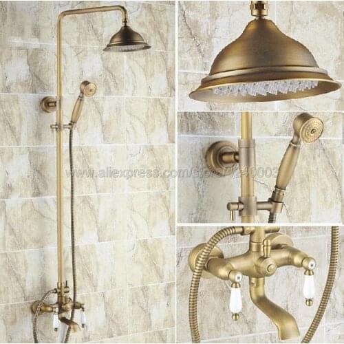 Antique Brass Bathroom Shower Set Faucet with Hand Sprayer Dual Handles Bathtub Mixer Tap Krs143
