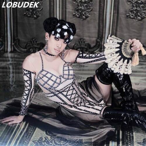 Bandage Printed Rivet Mesh Long Dress Female Singer Stage One Piece Wear Sexy Nightclub Costume Models Catwalk Performance Dress