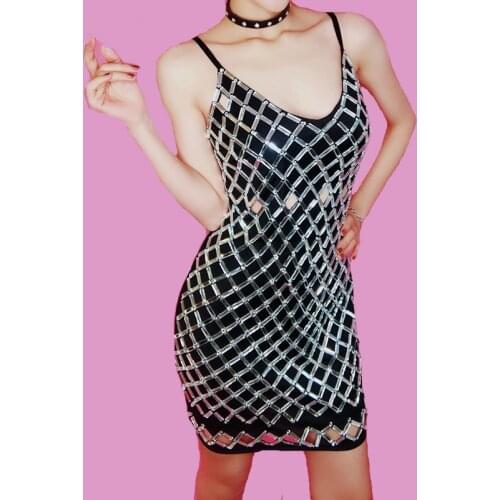 Sparkly Crystal Hollow Mini Dress Womens Evening Party Luxurious Birthday Celebrate Female Singer Rhinestones Dresses Black