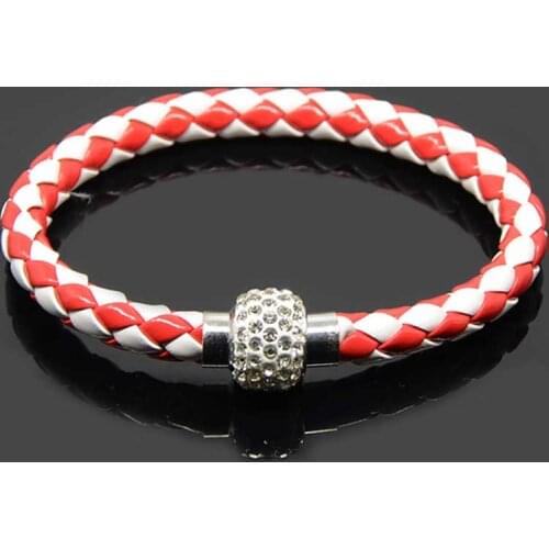 Chanfar Double Colors Braided Crystal Ball Magnetic Clasp PU Leather Bracelet For Women Jewelry