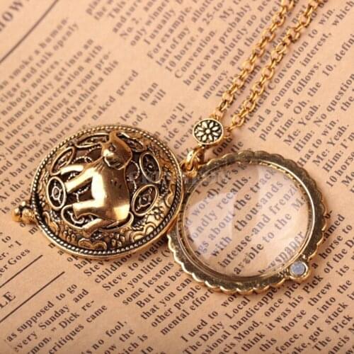 DHL 100PCS Womens Fashion Vintage Magnifying Glass Chain Antique Hollow Cute Elephant Necklace Magnifier Pendant Christmas Gift