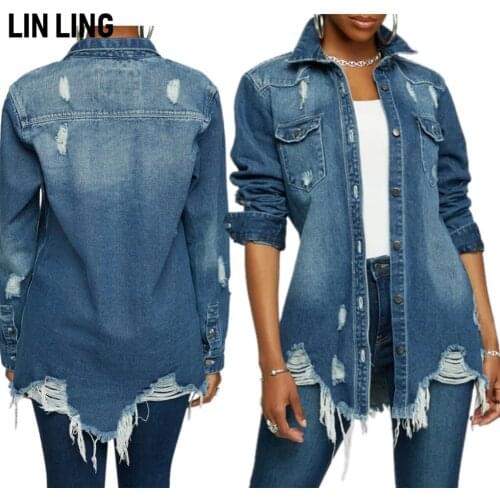 LINLING Denim Jacket Long Sleeve Lapel Button Down Ripped Jeans Jacket Coat Plus Size Jean Jacket Women Denim Jackets