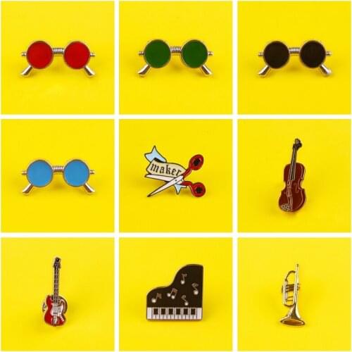 Retro Round Glasses Enamel Pins Badges On Clothes Jeans Violin Guitar Piano Brooch Lapel Pin Badge Jewelry Gifts for Friends