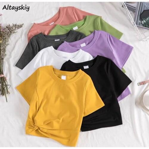 T-Shirts Women Casual Asymmetrical Sexy Female Tops Summer Hot Elegant Solid O-Neck Harajuku Simple All-match Fashion New Chic