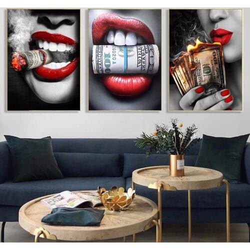 Art Red Lips Canvas Painting Print Pictures Lovers Girl Fire Money Wall Art Poster Modern for Living Room Office Bar Home Decor