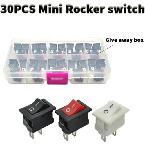 30 pces Boxed button switch 10x15mm spst 2pin 3a 250v kcd11 snap-in rocker switch on / off 10mm * 15mm black red and white