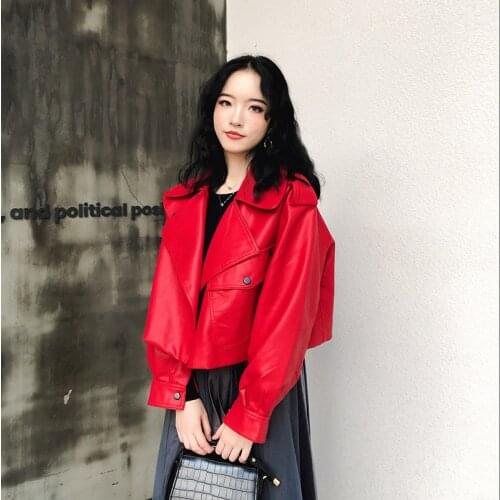 Pu Motorcycle Biker Red Coat New Spring Women Faux Leather Jacket Turndown Collar Loose Streetwear Black Punk Outerwear