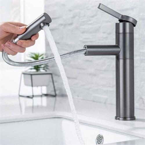Bathroom Basin Faucet Brass Sink Mixer Tap Hot & Cold Pull Out Single Handle Deck Mount Rotating Lavatory Water Crane Gun Grey