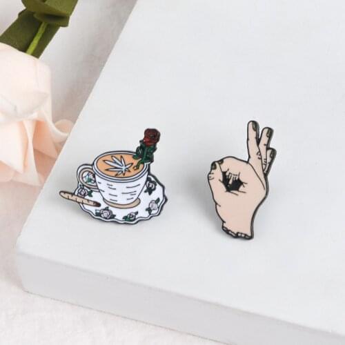 Weird hand Coffee Pin"Its OK"Infinite loop hand Cigarettes and Rose Enamel brooches Fashion Jewelry Badges Gifts