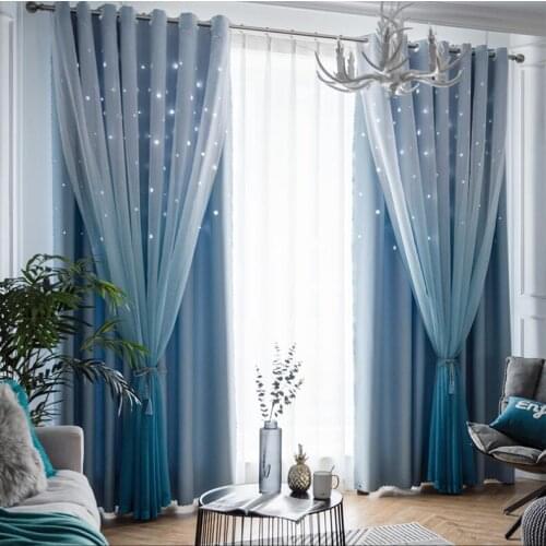 Nordic Ins Gradient Color Tulle+Black Out Double Curtains with Star Tassel High Black Out Blinds Window Curtains For Livingroom