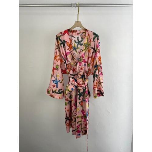 New women fashion 2021 long-sleeved V-neck lace-up print dress 0322