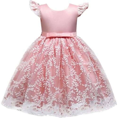 2021 new girls children dress embroidered leaf net yarn princess dress girls lace flying sleeves flower girl tutu skirt