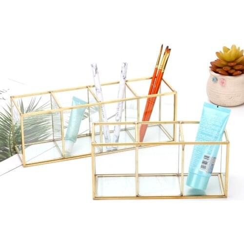 New Golden Glass Makeup Organizer Lipstick Makeup Brush Holder Desktop Cosmetic Storage Box Eyebrow Pencil Holder Jewelry Box