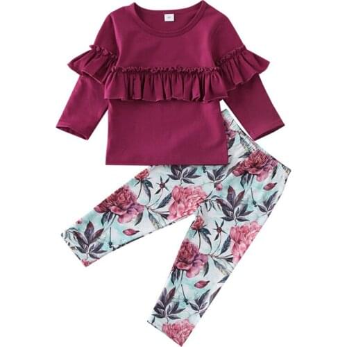 1-5 Years Infant Baby Girls Clothes Kids Ruffle Long-Sleeved T-Shirt Tops Flower Trousers Girls Outfits Casual Girl Clothing Set