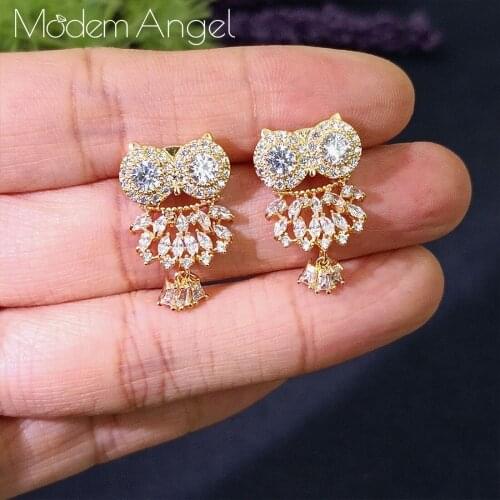 ModemAngel Luxury Owl Shape Trendy Gold Color Cubic Zirconia Earrings Jewelry For Women Jewelry Gift