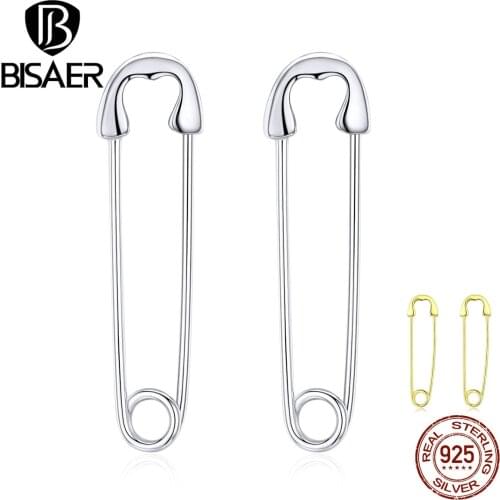 Paperclip Earrings BISAER Hot Sale 925 Sterling Silver Paperclip Shape Stud Earrings Stud for Women Luxury Silver Jewelry ECE695