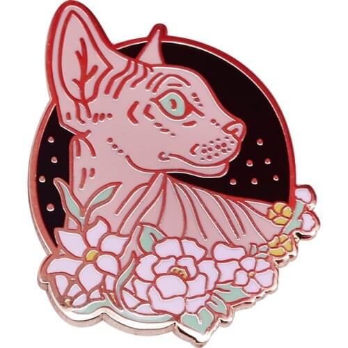 Sphynx with flowers badge hairless cat pin witchy Gothic cute alternative Emo jewelry