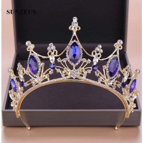 Strass Beaded Gold Bridal Tiaras With Blue Diamonds Wedding Crowns Crystal Princess Head Accessory For Party