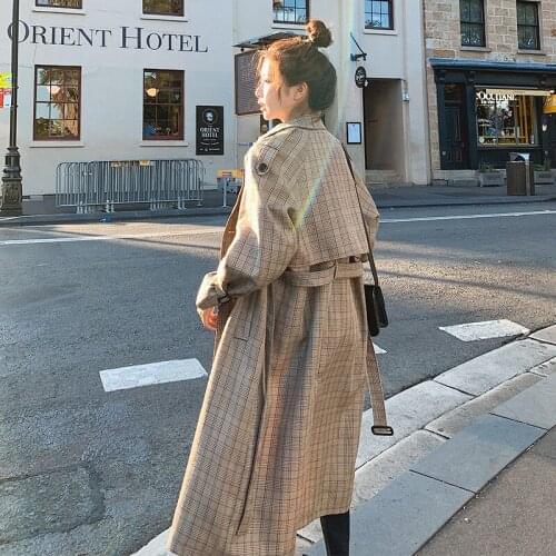 Plaid Trench Coat Womens Street With belt Loose Double breasted Outwear Casual Female Long Windbreaker 2021 Spring Autumn New