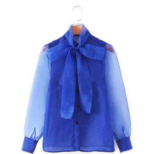 2021 Spring Elegant Blouse Women Green Organza Bow Collar Long Sleeve Loose Womens Tops and Blouses Female