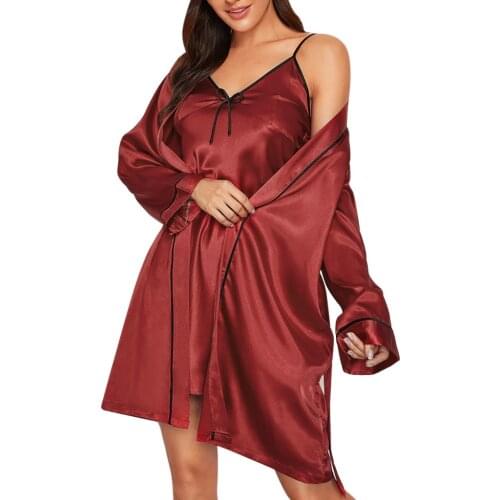 Plus Size Sexy Pajamas Mujer Silk Satin Bathrobe Babydoll Sleepwear Long Sleeve Camisole Night Dress 2Pcs Robe Gown Sets Womens