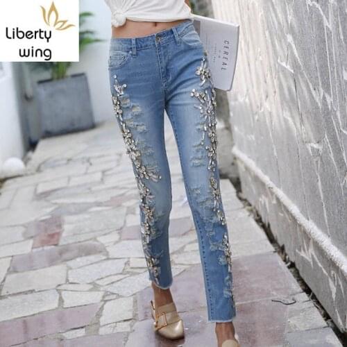 Plus Size 25-32 Luxury Rhinestones Diamond Jeans Woman Spring Ripped Hole Slim Fit Denim Ankle-Length Pencil Pants Trousers