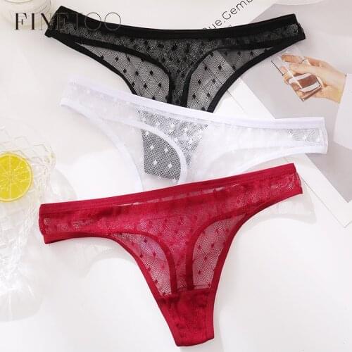FINETOO Sexy Lace Thongs Women 3Pcs/set Transparent G-string Panties Dots Lace T-back Underwear Fashion Female Underpants M-XL