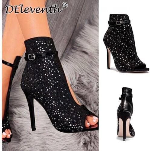 Sandalias Mujer 2020 Womens Ladies Pumps Fashion women sandals Peep Toe Flock 11.5CM Thin Heels High heels Rhinestones shoes