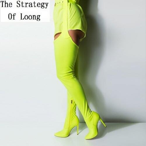 Women Over The Knee Thin High Heels Pointed Toe Long Boots Fluorescent Green Lady Stretched Thigh High Waist Belt Boots 2019071
