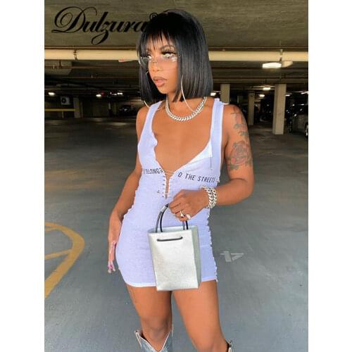 Dulzura Ribbed Letter Print Pin Patchwork Women Tank Mini Dress Sleeveless Bodycon Hollow Out Sexy Streetwear Party 2021 Summer