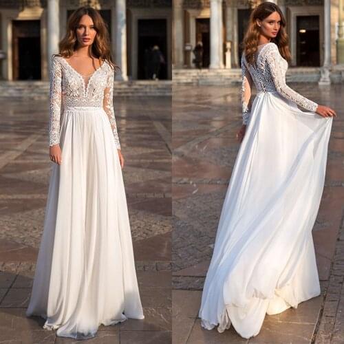 Wedding Dress Charming Long Sleeve Beach Sexy V-neck Sweep Train Lace Chiffon Bridal Gowns A Line Bride Dress Свадебное Платье