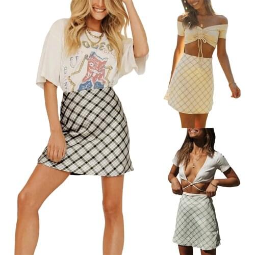 2021 Women A-line Style Skirt Plaid Printed Pattern Zipper Closure High Waist Dress Black/ Green Apricot