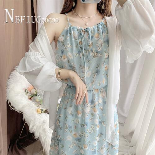 Sweet Floral Spaghetti Strap Dress And Sunscreen Blouse Women Sets Vacation Female Sets