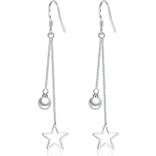 100% 925 sterling silver fashion star pearl long drop earrings for women jewelry wedding Gift wholesale drop shipping