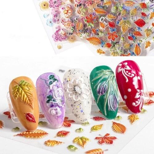 3D Embossed Flower Leaf Nail Sticker Decals Empaistic Engraved Sticker Sliders for Nails Art Designs Manicure Acrylic Decoration