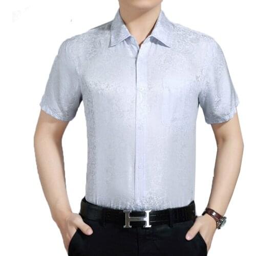 AYUSNUE Summer 100%Silk Shirt Men White Short Sleeve Shirt High Quality Men Dress Shirts Korean Social Camisa Hombre 2984 KJ1940