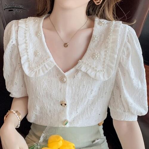 Vintage Short Puff Sleeve Summer Blouses Blusas Korean Beading Peter Pan Collar Shirts Women Tops Loose Kawaii Clothing 15132