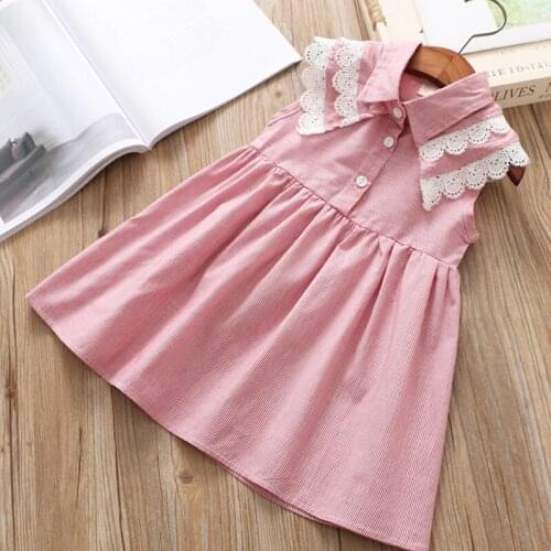 DFXD Toddler Clothes Girls Summer Dress New Arrival Sleeveless Turn Down Collar Striped Lace Stitching Kids Party Dress 2-8Y