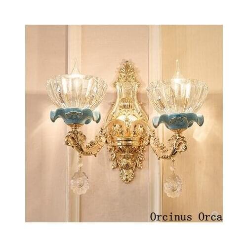 European luxury blue crystal wall lamp living room corridor bedside lamp French romantic flower glass wall lamp