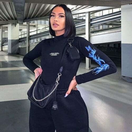 SEASONS Butterfly Lightning Printed Black Cropped Tshirt Spring Long Sleeve Basic T Shirt Women Fashion Streetwear ASTS82731