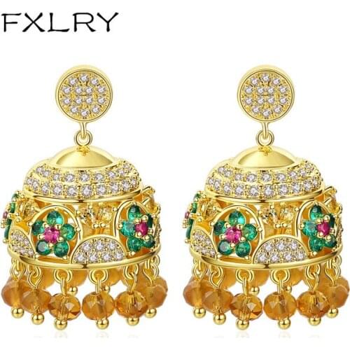 FXLRY Gorgeous Colorful CZ Vintage Yellow Beads Tassel Flower Drop Earrings for Women Wedding Party Bridal Fashion Jewelry
