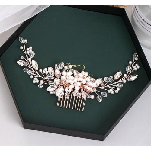 Rose Gold Hair Comb Bridal Hair Jewelry Party Women Handmade Tiara Headpiece Pearls Crystal Hair Combs Wedding Hairbands Gift