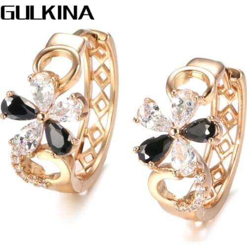 Gulkina New Fashion Black Natural Zircon Circle Earrings Women 585 Rose Gold Hollow Flower Earrings Wedding Party Fine Jewelry