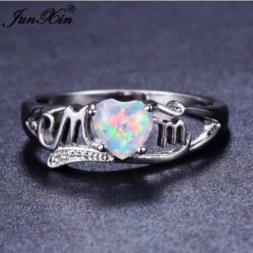 JUNXIN Luxury Women White/Blue/Purple Opal Ring Fashion White Gold Filled Jewelry Vintage Mom Wedding Ring Mothers Day Gifts