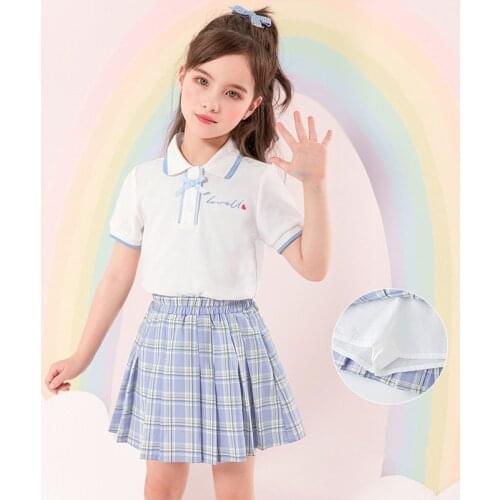 Summer Girls Uniform Clothes Sets 3 - 12 Years Kids Turn Down T Shirts And Skirts Suits Children Korean Style Suits Outfits