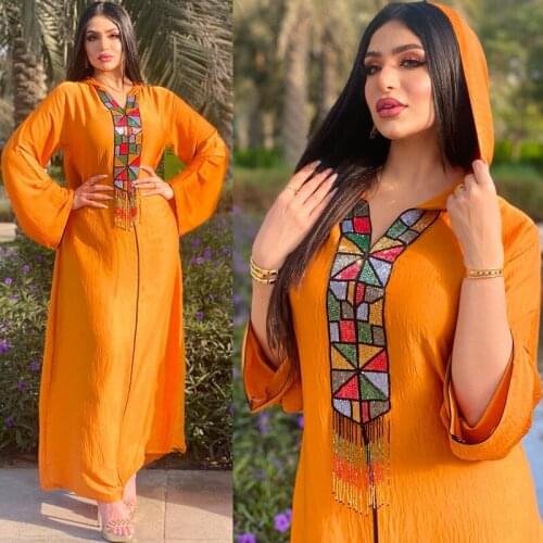 MCK Orange Kaftan Dress for Women Eid 2021 Luruxy Hoody Hoodie Diamond Abaya Moroccan Dubai Turkey Arabic Muslim Clothes