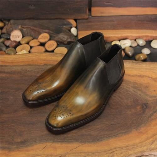 Sipriks Mens Patina Yellow Brown Chelsea Boots Retro Brogues Ankle Shoes Italian Goodyear Welted Shoe Male Cowboy Boot Gents 46