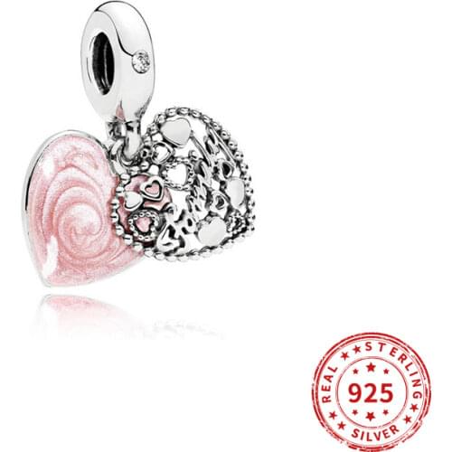 Real 925 Sterling Silver beads Love Makes A Family Pink Enamel Dngle Charms Beads for Women Fit Pan Bracelets Women Diy Jewelry