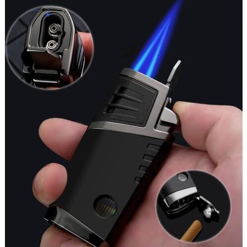 New Personality Double Straight Blue Gas Lighter Turbo Metal with Cigar Knife Folding Cigar Opener Lighters Gift for Man