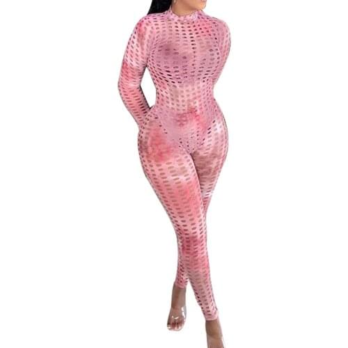 BAMBOOBOY New Fashion Sexy Hollow Out Hole Tie Dye Fitted Bodycon Party Club Jumpsuit ZL1449